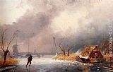 A Winter Landscape With Skaters On A Frozen Waterway by Charles Henri Joseph Leickert